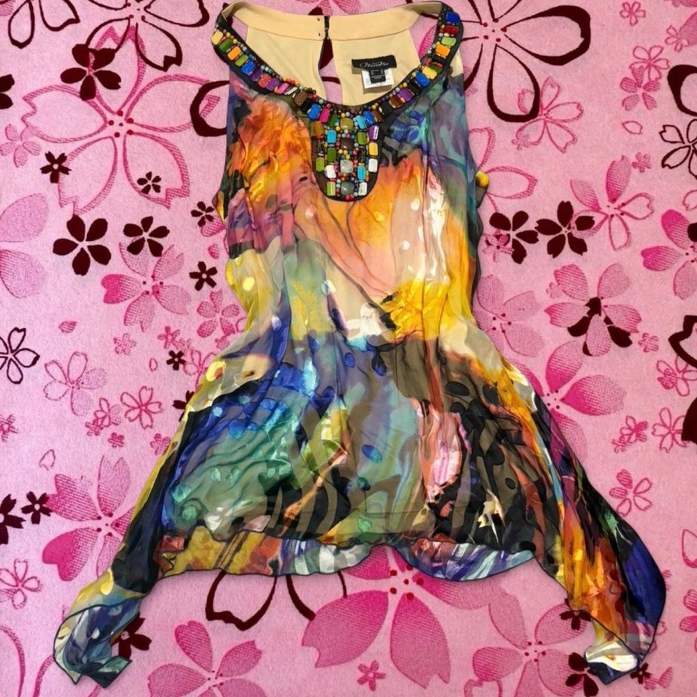 Colorful Beaded Neck Sleeveless Tunic